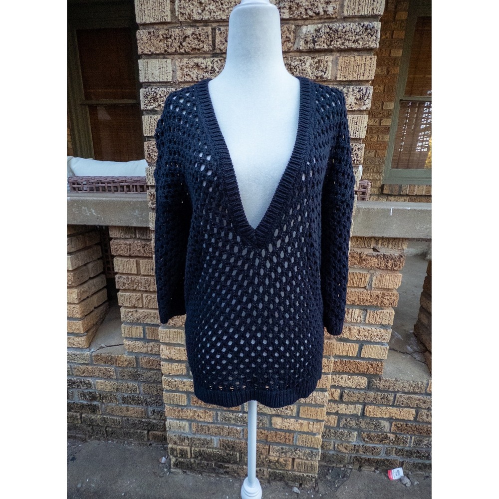 Ann Taylor Black 100% Cotton Open Knit Deep V Neck Sweater Small